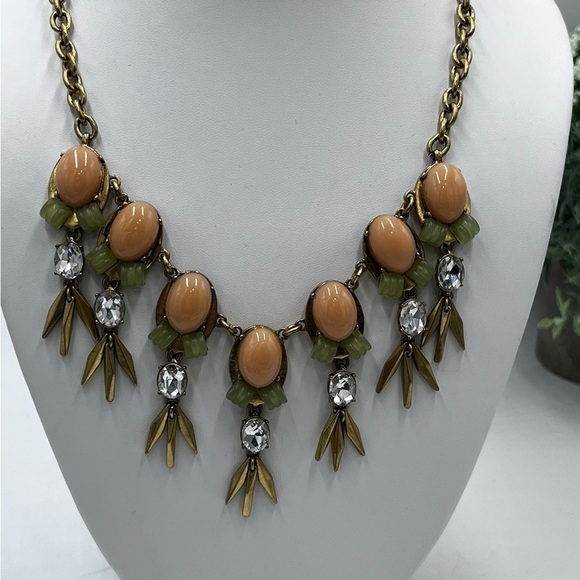 J Crew Peach Blush & Sage Green and Crystal and metal Statement Bib Necklace - Picture 2 of 16